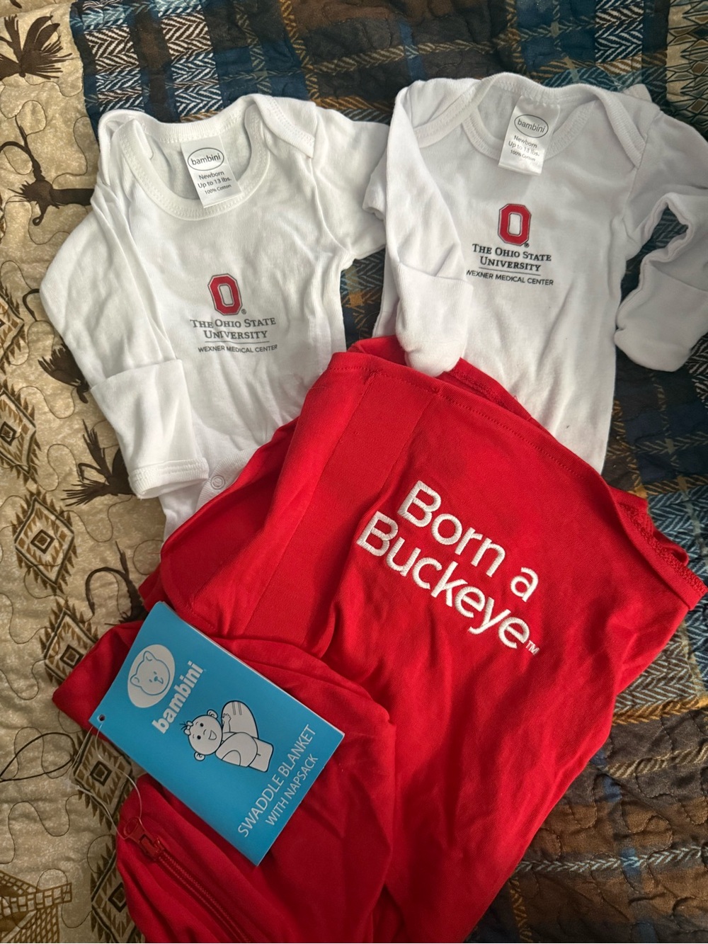 The Ohio State University White Baby Onesies & Red 'Born a Buckeye' Swaddle